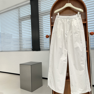 高腰显瘦松弛感调节可束脚棉质长裤 松紧腰内抽绳阔腿休闲裤 女春季