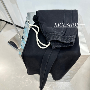 显瘦剪裁拼接高腰抽绳阔腿香蕉裤 砂洗炭灰色复古弯刀休闲裤 女秋季