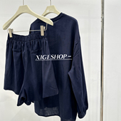 高腰阔腿短裤 天丝亚麻慵懒休闲套装 防晒上衣 藏青色长袖 薄 女夏季