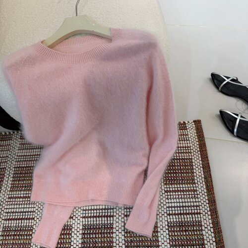 山羊绒+美利奴羊毛温柔极简圆领针织衫女松弛感保暖软糯拉绒毛衣