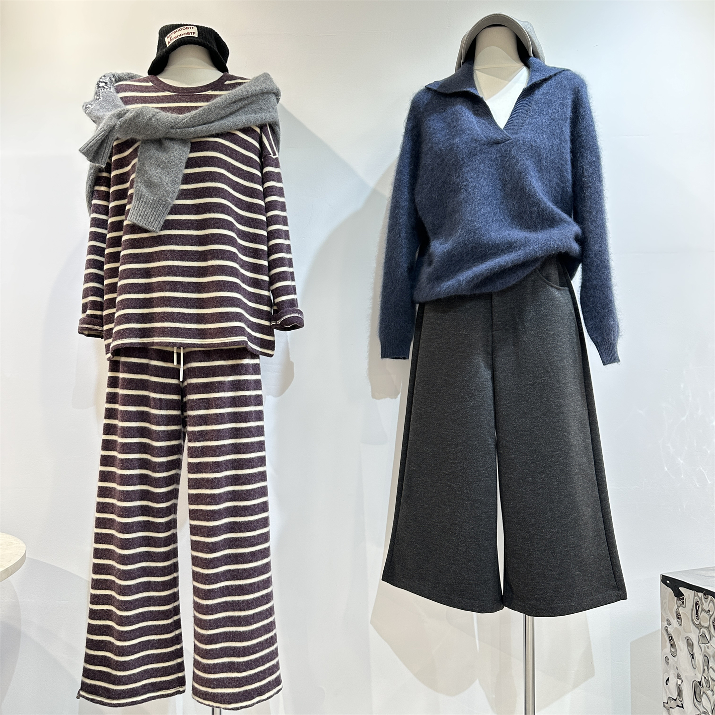 糯米紫色条纹加绒圆领T恤+可调节收口阔腿拖地裤子松弛慵懒套装冬