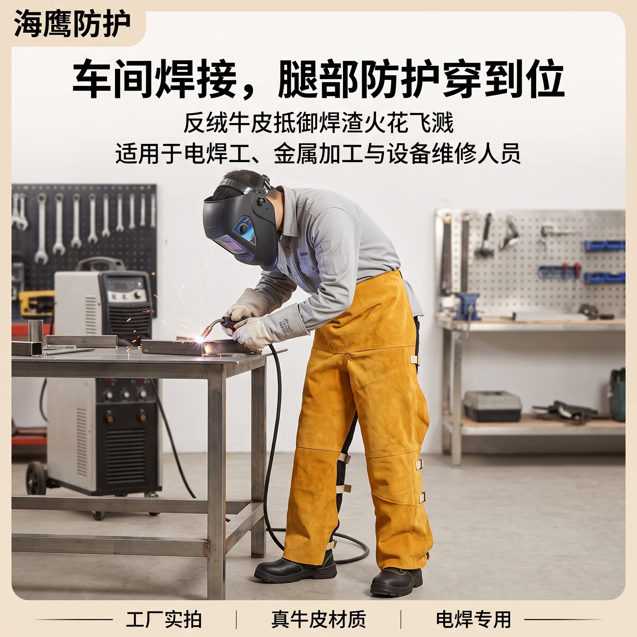 精品牛皮电焊防护服防阻燃焊接耐高温围裙烧焊劳保黄色半身分腿裤
