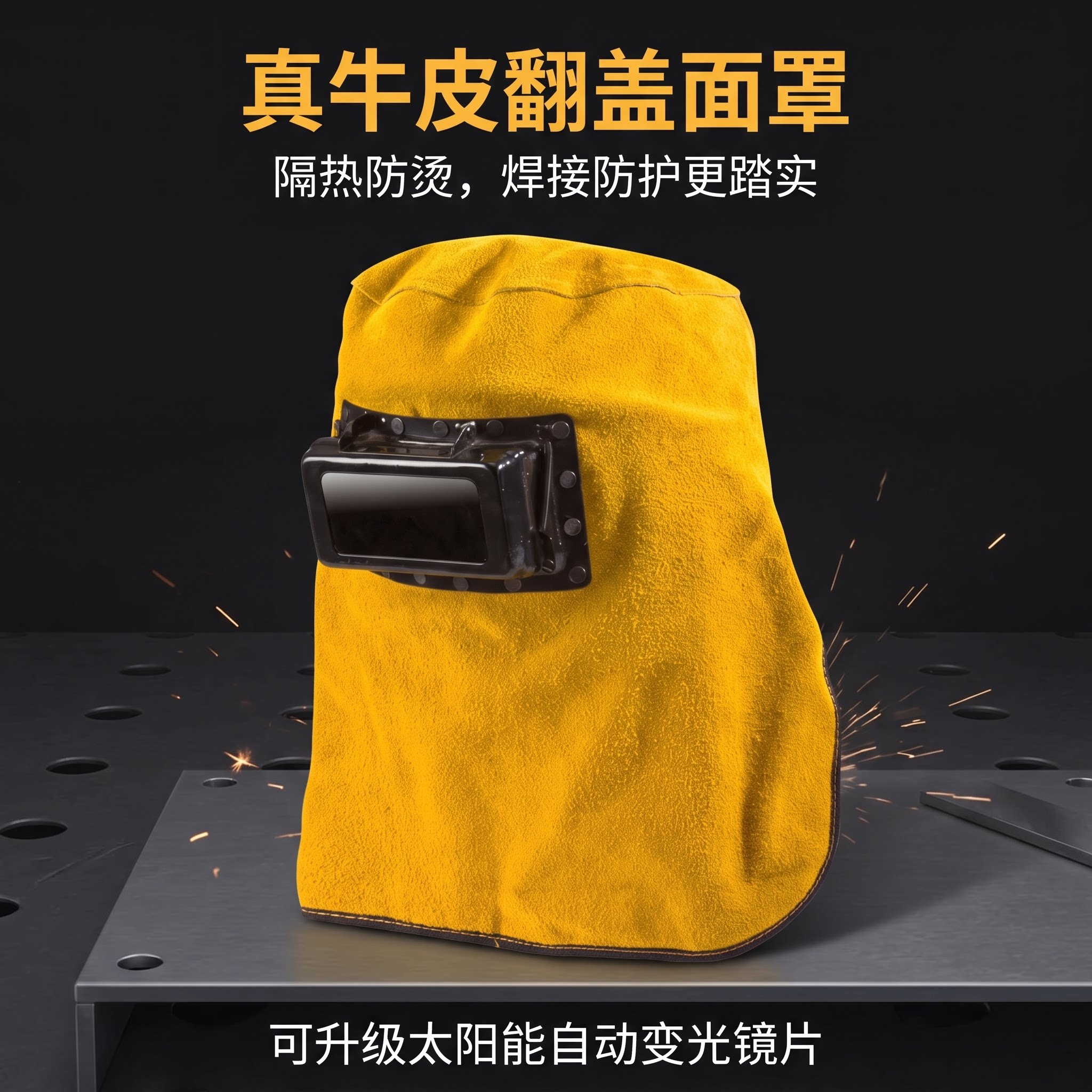 鑫圣源牛皮电焊面罩头戴式焊工防护面屏升级太阳能自动变光焊帽子