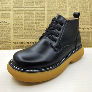 撤柜处理真皮亮皮厚底休闲短筒马丁靴圆头百搭透气防滑帅气男靴子