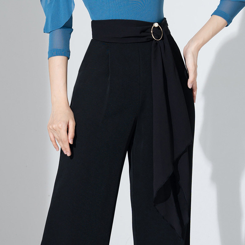 新款拉丁舞女摩登舞国标舞裤高腰阔腿交谊舞广场裤练功弹力长裤子