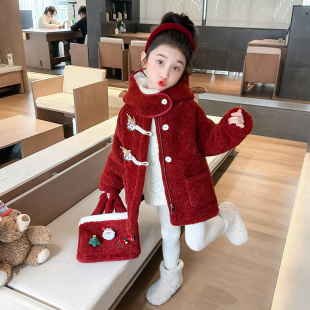 女童冬装中长版外套儿童洋派连帽毛毛衣小女孩加绒加厚红色过年服