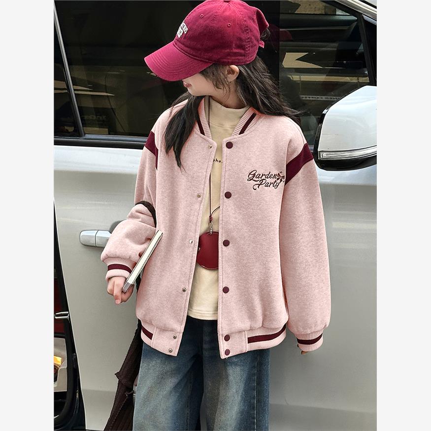 女童外套秋冬款2025新款儿童洋气加厚拼色棒球服女孩秋装夹棉呢子
