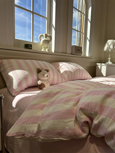 桃粉条纹 少女色织双层皱皱纱四件套全棉公寓被套床上用品