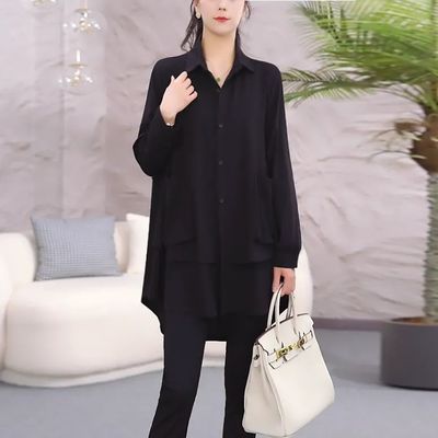 中长款女士衬衫遮屁股2025早春新款Polo领纯色设计感黑色长袖上衣