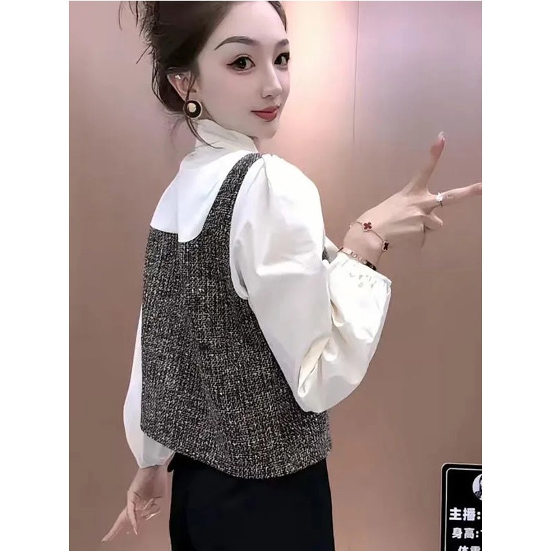 设计感拼接假两件长袖衬衫女秋季洋气宽松时尚减龄百搭短款小上衣