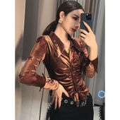 丝绒短款 显瘦气质衬衫 辣妹上衣女2025春季 修身 新款 欧货POLO领长袖