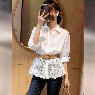蕾丝拼接翻领收腰衬衫女欧洲站2026春装新款欧货女装配腰带上衣潮