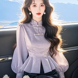 气质衬衣高级感长袖 新中式 2025新款 女春季 上衣 轻国风紫色雪纺衬衫