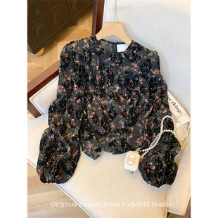 轻熟小众别致泡泡袖 法式 季 女2025秋季 雪纺上衣 高级感植绒碎花衬衫