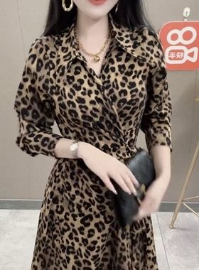 气质御姐范雪纺豹纹连衣裙女V领衬衫裙时尚百搭中长款系带长袖裙
