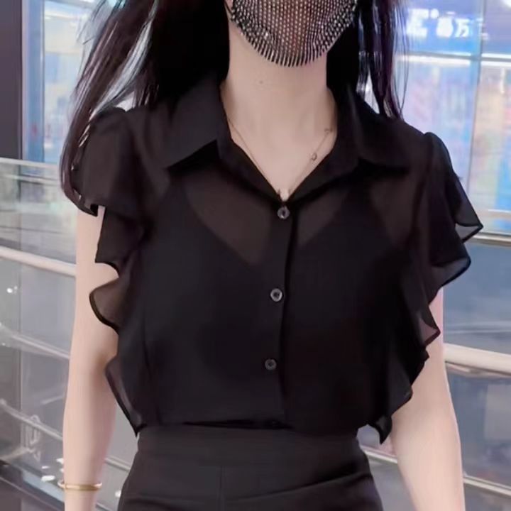 POLO领单排扣小飞袖碎花衬衫女2025夏季新款小衫洋气独特别致上衣