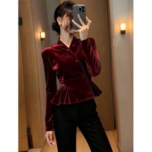 酒红色丝绒上衣今年流行独特漂亮设计感高端气质斜襟掐腰百搭小衫