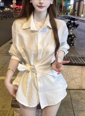 法式不规则绑带收腰翻领长袖衬衫女秋季新款小个子独特绝美上衣