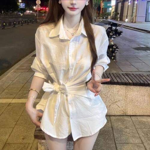 法式不规则绑带收腰翻领长袖衬衫女秋季新款小个子独特绝美上衣