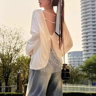 2025新款纯欲风后背镂空网纱拼接扭结长袖t恤女款爆款防晒衫上衣