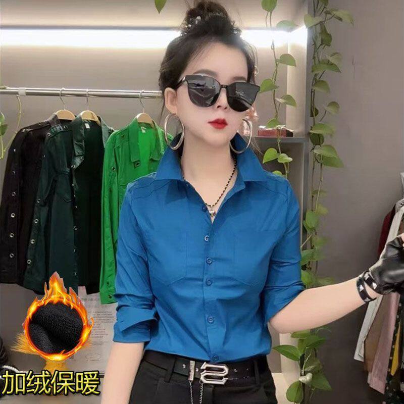 时尚加绒衬衫女长袖秋冬2025新款职业OL衬衣韩版修身显瘦上衣百搭