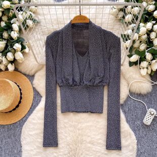 高级感小众时尚名媛V领挂脖压褶拼接长袖烫钻亮闪闪衬衫打底上衣