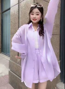 2025网红炸街套装女夏季人鱼姬珠光衬衣短裤两件套ins潮流宽松