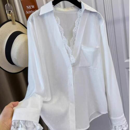2025春秋新款高级感蕾丝白色衬衫大码女装胖mm法式高级感chic上衣
