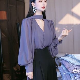 法式气质v领飘带长袖衬衫女2026春季新款高级感温柔紫色百搭上衣