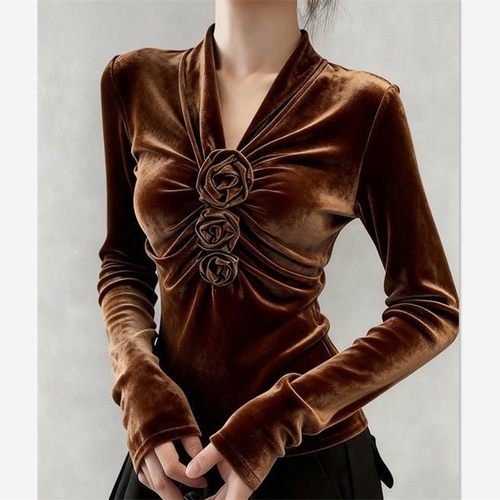 咖色丝绒衬衫女秋高端时髦洋气设计感独特漂亮超好看气质掐腰上衣