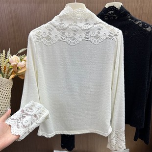 白色高领蕾丝打底衫女装秋装配皮草内搭性感气质网纱长袖T恤上衣