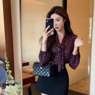 设计感小众v领蝴蝶结波点衬衫女2025秋季新款韩版宽松小个子上衣