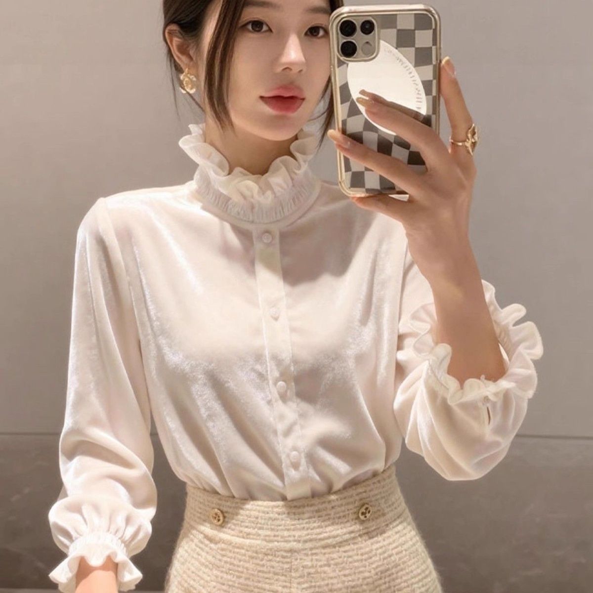 法式小香风白色丝绒上衣打底衣女内搭高级感可外穿独特漂亮秋冬季