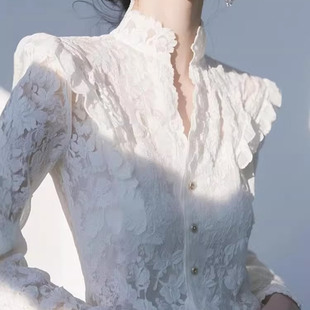今年爆款白色立领蕾丝长袖衬衫女款外穿2025春秋内搭法式收腰上衣