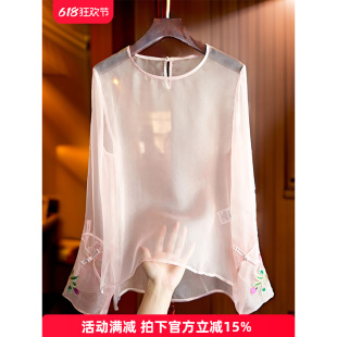 女重工国潮风刺绣雪纺上衣 可外穿衬衫 黑色高级感新中式 春夏雪纺衫