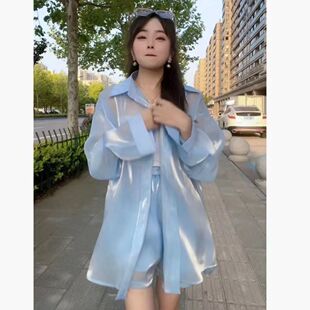 雪纺防晒衣女夏季2025新款宽松甜美气质超仙开衫衬衫二件套套装女