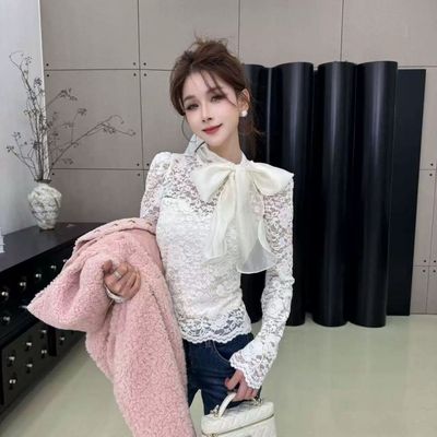 卡卡女装官方正品气质蝴蝶结内磨毛加绒保暖蕾丝上衣百搭打底衫