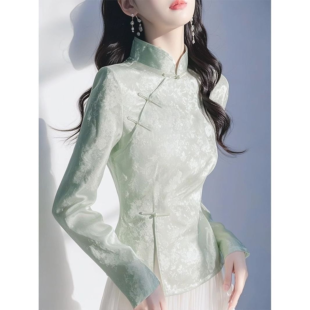 新中式薄荷绿衬衫女高级感轻奢超好看独特漂亮国风打底衫2025春季