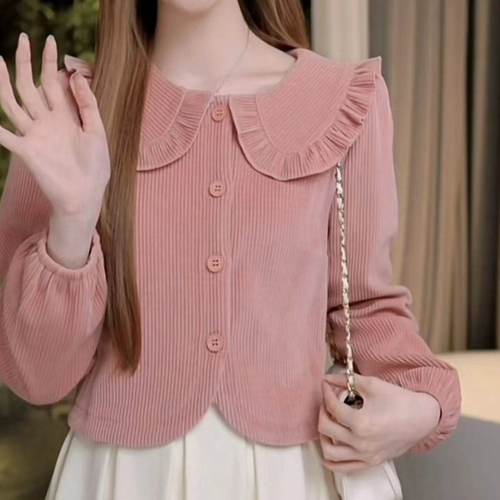 娃娃领长袖衬衫女秋冬新款法式复古设计感短款泡泡袖粉色上衣休闲