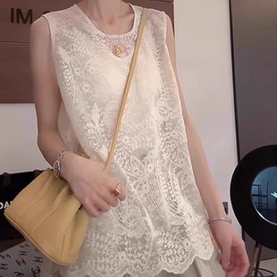 法式温柔圆领无袖绣花蕾丝衫女2025夏季新款时尚叠穿宽松休闲上衣