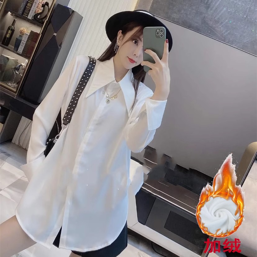 法式秋冬尖领白衬衫女中长款宽松设计感小众内搭叠穿加绒打底衬衣
