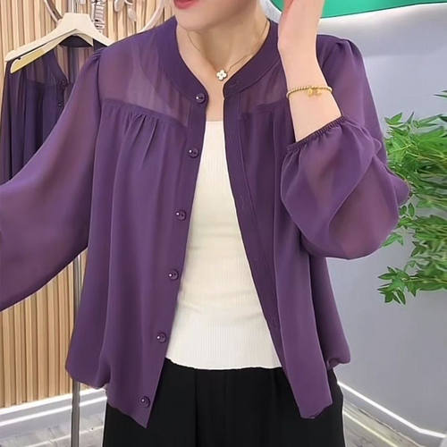别致漂亮紫色雪纺上衣女2025年夏季薄款高级感冰丝衬衫防晒服高端