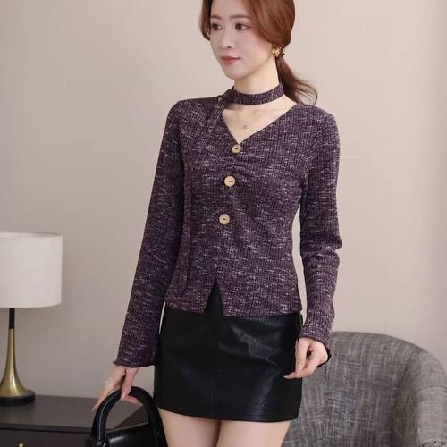 专柜同款秋季新款显白紫色喇叭长袖针织衫上衣收腰百搭配围脖带