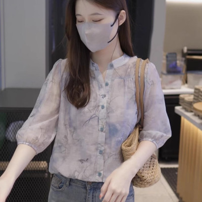 法式设计感小众印花衬衫女2025夏季新款宽松遮肚小衫碎花立领上衣