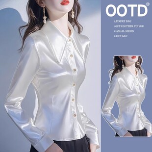 法式缎面翻领长袖衬衫女高级设计感小众秋冬独特别致收腰绝美上衣