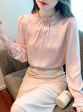 气质立领钉珠春秋2025新款法式长袖雪纺衫女衬衫减龄别致漂亮小衫