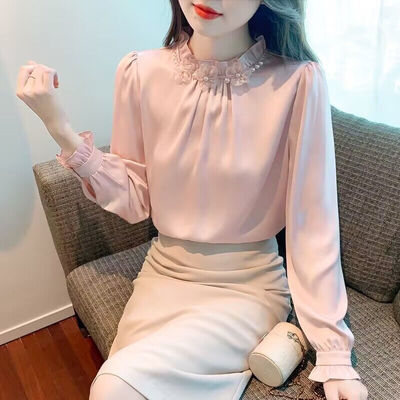 气质立领钉珠春秋2025新款法式长袖雪纺衫女衬衫减龄别致漂亮小衫