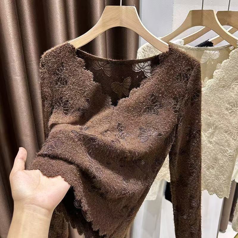 秋冬美拉德穿搭V领性感镂空磨毛蕾丝衫收腰显瘦别致小衫绝美内搭