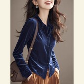 藏蓝色丝绒修身 深秋初冬穿搭独特绝美上衣 女2025新款 翻领长袖 衬衫
