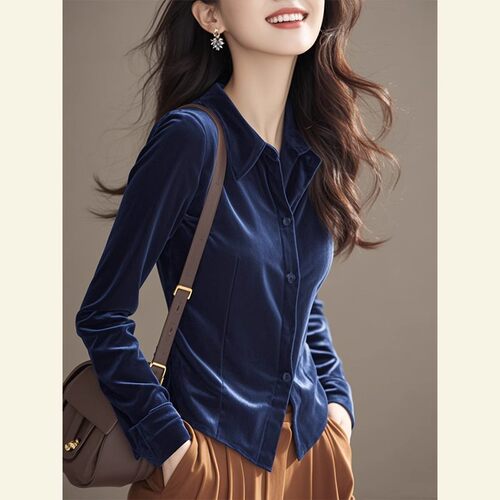 藏蓝色丝绒修身翻领长袖衬衫女2025新款深秋初冬穿搭独特绝美上衣